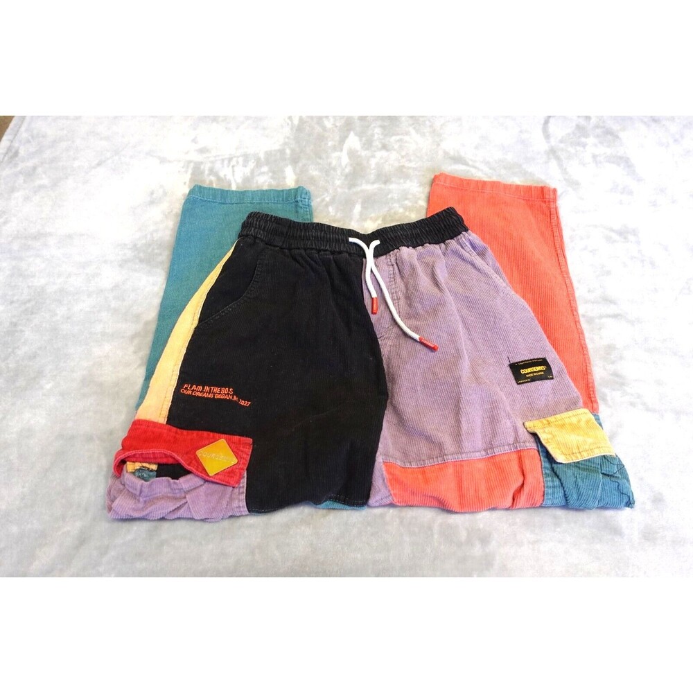 Coursemys S/M Corduroy Patchwork Hip Hop Cargo Pants Pull-On Elastic Waist